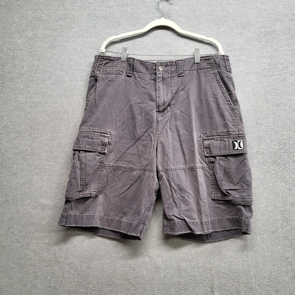 Hurley Men Shorts 34 Gray Y2K Cargo Logo Pockets Baggy Skate Grunge